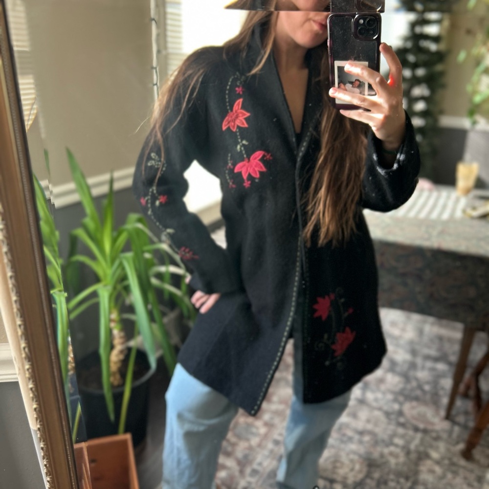 Nomadic Traders Black Coat with Red Floral Embroidery